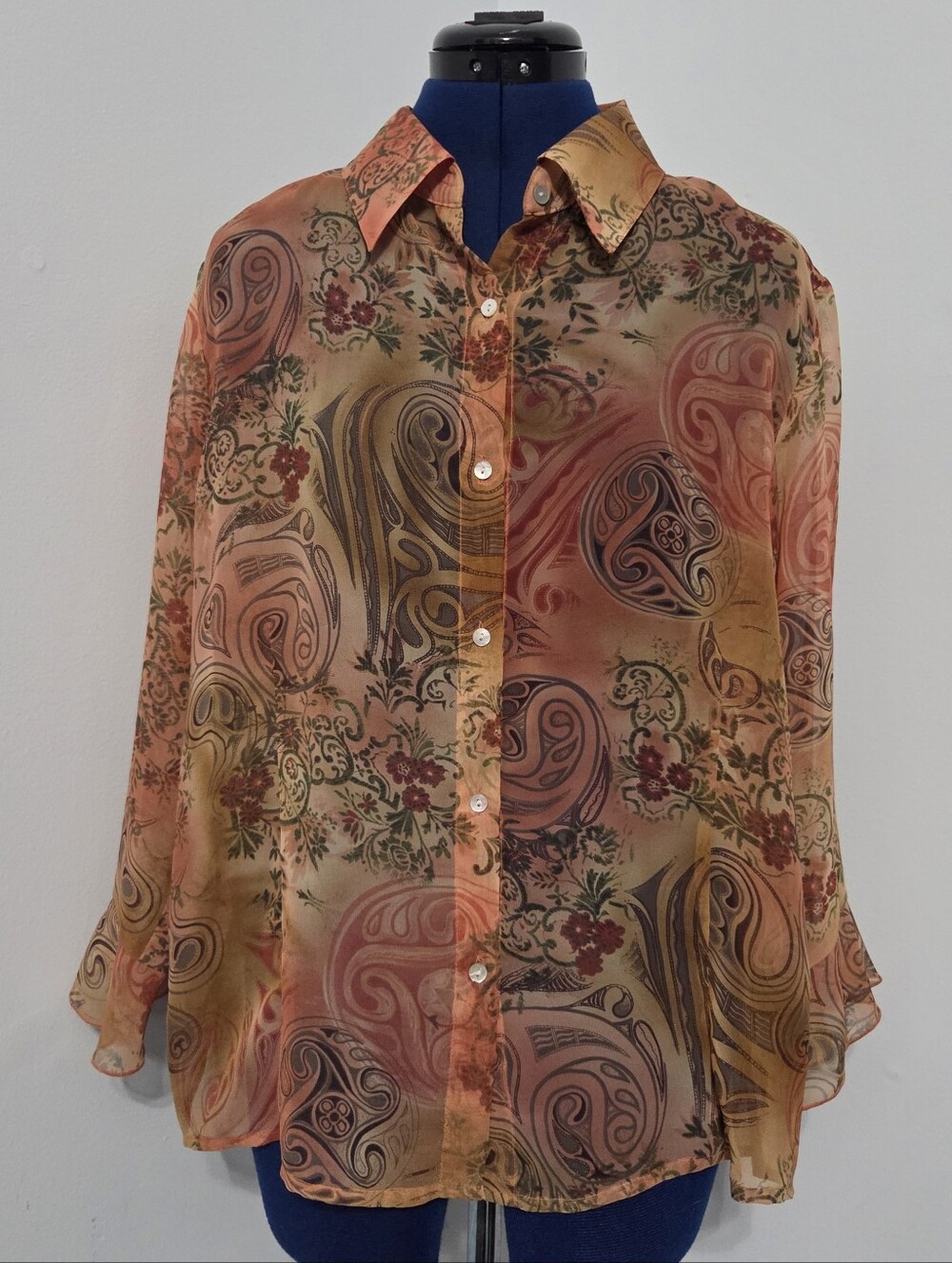Vintage Orange Paisley Chiffon Button Down Size XL